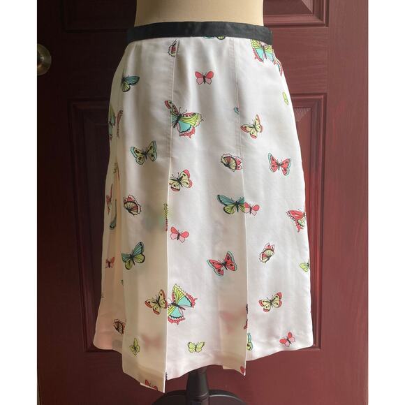 Grace Elements Silk Midi Skirt 6 White Multicolor Butterfly A-Line Pleats Fairy - Picture 1 of 13